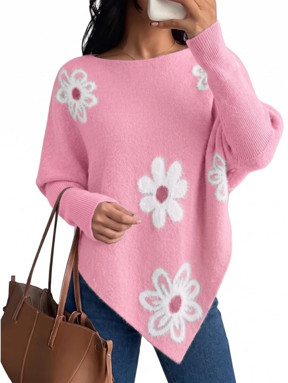 Women's Sweaters Asymmetrical Floral Tops Poncho Knit Pullover